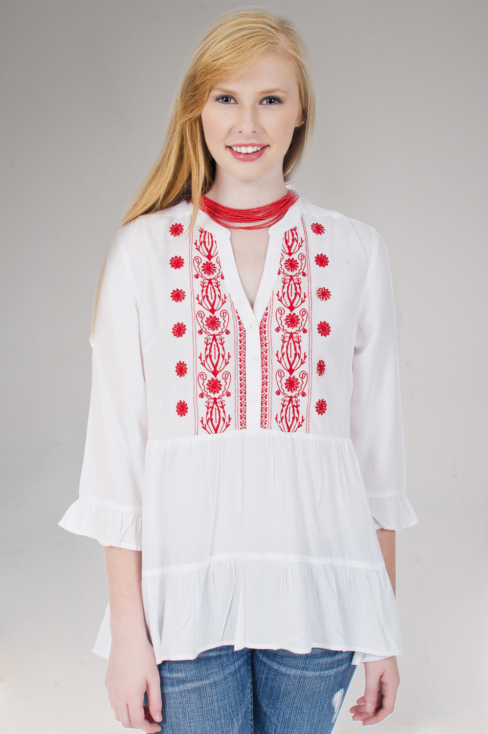 Red Embroidered Bell Sleeve Top